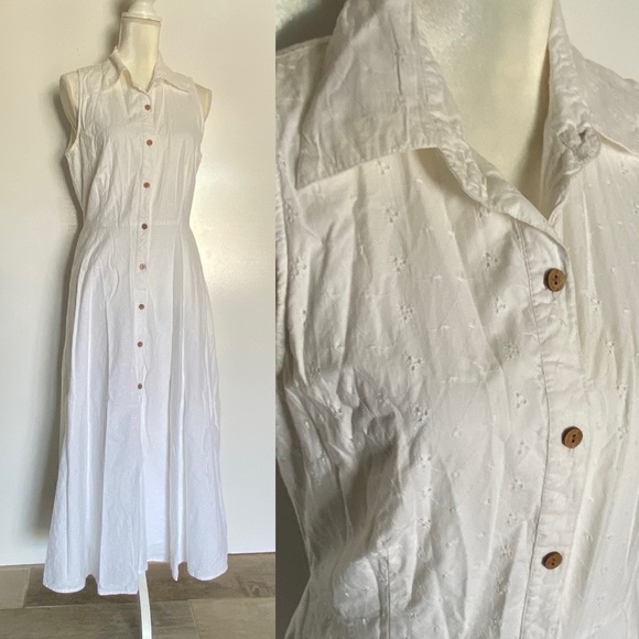 Vintage Dresses & Skirts - Vintage Western Hippie Button Down Sleeveless White Sewn Bohemian Pockets Retro